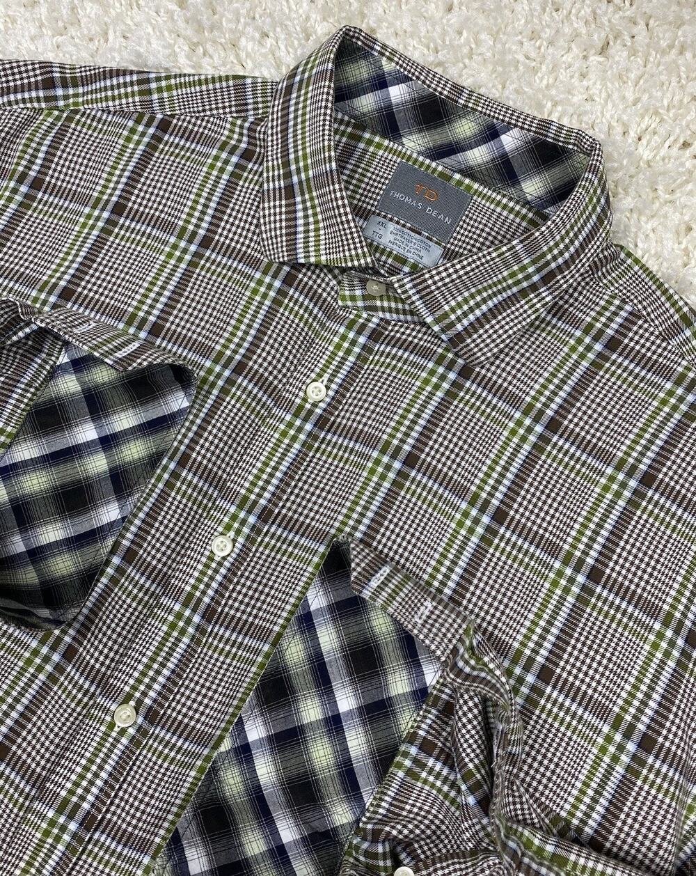 Thomas Dean Men's XXL Plaid Button-Down Shirt Green Brown 100% Cotton Long Slv